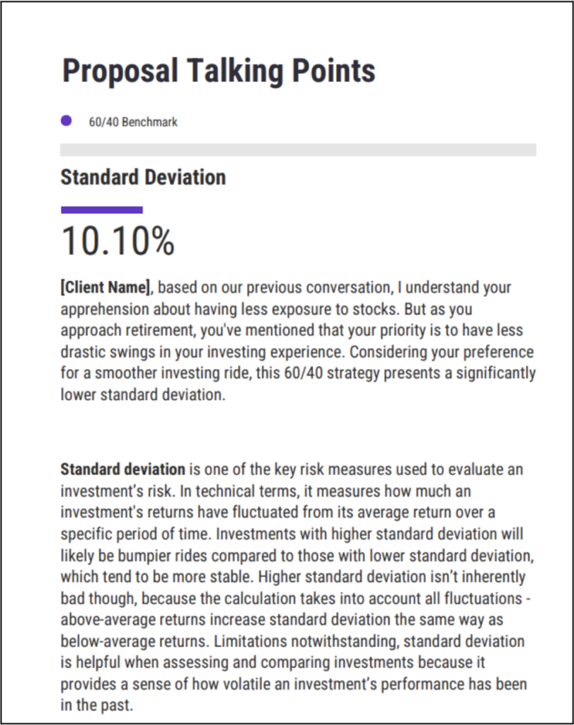 A screenshot of a proposal in YCharts, showing how YCharts can assist financial advisors in creating personalized communication to their clients and prospects to help grow AUM. It features a section on the "60/40 Benchmark" and discusses its "Standard Deviation," tailored to address a client's concern about stock market exposure. The text highlights how YCharts can be leveraged to customize discussions based on individual client needs and preferences, emphasizing lower volatility with the 60/40 strategy to attract clients seeking more stable investments. This approach demonstrates YCharts' utility in enhancing client interactions, which is essential for financial advisors aiming to expand their AUM through tailored investment strategies and personalized communication.